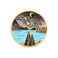 Circular enamel pin featuring mountain landscape and crescent moon in gold finish - Lake Starry Sky (xz4773)