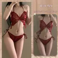 Set lingerie sexy bordeaux con ricamo a farfalla e perizoma con lacci laterali per donna - Taglia unica / Rosso