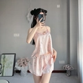 Pink floral satin pajama set with delicate lace trim and v-neck camisole shorts - M / Lotus Pink