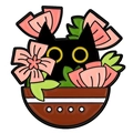 Spilla smaltata con gatto nero carino tra piante verdi e fiori rosa vivaci - Gatto Nero in un Gruppo di Fiori (xz7442)