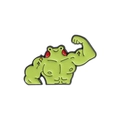 Funny green enamel pin featuring a muscular cartoon frog showing off biceps on white background - Muscle Frog (QHXZ759)