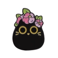 Cartoon black cat enamel pin with pink flowers and yellow eyes on white background - Pink Flower Bowl Cat