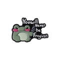 Green frog enamel pin holding a silver knife with You will Never be Frogiven text - Never Frogiven Frog (QHXZ3343)