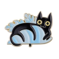Cartoon Emaille-Anstecknadel mit schwarzer Katze auf blauem Blatt und gelber Blume - Schwarze Katze auf Blauem Blatt eingerollt (XZ7790)
