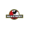 Enamel pin with red Jurassic-style logo silhouette and 'Hold on to your butts' text - Hold On To Your Butts (QHXZ1921)