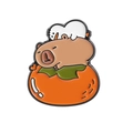 Cute brown capybara on orange persimmon enamel pin badge with small white bird detail - Capybara on Persimmon (QHXZ3660)