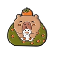 Cute enamel Capybara brooch with persimmon and duckling on a white background - Capybara with Duck and Persimmon (QHXZ3661)