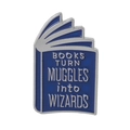 Enamel book brooch with 'Books Turn Muggles Into Wizards' quote in blue and silver - Muggles Into Wizards Style (XZ1582)