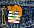 Cute orange cat sleeping on books enamel pin with I Love Books text for bags - I Love Books Orange Cat (XZ2231)