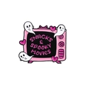 Pink retro TV enamel pin with ghosts and Snacks & Spooky Movies text design - Ghost TV (QHXZ2974)