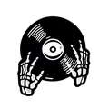 Macro detail of enamel punk brooch featuring vinyl record and skeleton hand design - Skull Hand & Record V2 (xz290)