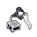 Surrealist black and white enamel pin featuring a gramophone base with a pizza and legs - Phonograph Pizza Design (xz7503)