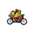 Cartoon frog and toad riding a bicycle enamel pin badge with a red heart on white background - Frog and Toad on Bicycle (xz9097)