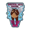 Cartoon frog enamel pin with pink boots and BESTIE HE IS GROSS text bubble - Winged Frog in Boots (QHXZ4225)