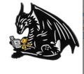 Cute black and white dragon reading a book to yellow small dinosaur enamel pin badge - Dragon Storytelling (qhxz3713)