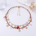 Double-layered pearl necklace with red glass beads and mixed alloy flower charms - Double Layered Pearl Red Beaded Style (EXXL100)