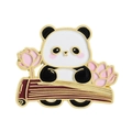 Enamel panda brooch with pink lotus flowers and golden metallic plated finish - Panda and Bamboo Slip (UVXZ113)
