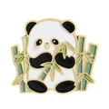 Cute enamel panda brooch holding green bamboo with gold plating and pink blush detail - Panda Holding Bamboo (UVXZ114)