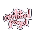 Detail of a white enamel pin featuring pink certified Pagal text with black outlines - Certified Pagal Text Style (qhxz4167)