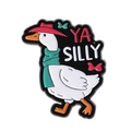 Cute white goose enamel pin with red hat and green scarf featuring YA SILLY text logo - Dorky Goose With Hat And Scarf(qhxz3967)