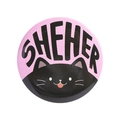 Round pink tinplate badge featuring a black cat and SHE/HER pronoun text - SHE HER Cat (MXZ430)