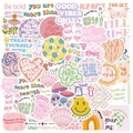Close-up of Danish style motivational stickers with heart, flower, and mushroom designs - Danish Pastel Design 2