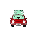 Vue détaillée du pin's émaillé grenouille verte conduisant une voiture rouge en alliage - Grenouille au Volant (xz3950)