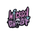 Macro detail of enamel pin with Scream Ghostface mask and Wicked Ghost text design - Scream Pink Blue Wicked (xz8492)