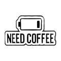 Cartoon enamel pin featuring a low battery icon and NEED COFFEE text in black and white - Need Coffee Battery (xz2770)