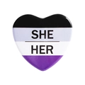 Heart-shaped enamel pin with SHE/HER pronouns and purple striped flag background - Pronoun SHE/HER Purple (MXZ441)