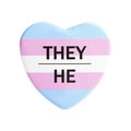 Transgender pride heart enamel pin with light blue, pink and white stripes featuring They/He - Pronoun THEY/HE Transgender (MXZ440)