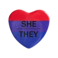 Heart-shaped pronoun pin with red purple blue stripes and She They text logo - Pronoun SHE/THEY Striped (MXZ443)