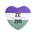 Heart-shaped Ze/Zir gender pronoun badge with purple, white, and green stripes - Pronoun ZE/ZIR Striped (MXZ444)