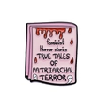 Pink feminist horror stories book enamel pin with ghost and blood drips on a white background - Horror Stories Magic Book (xz8491)