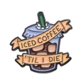 Cartoon iced coffee cup enamel pin with Iced Coffee Til I Die ribbon and green straw - Iced Coffee Til I Die Design (xz8922)