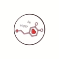 Round white enamel pin with pink chemical formula, red heart and Be Happy text - Be Happy Chemistry Molecule Circle Style (xz4326)