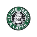Green and black round metal enamel pin featuring I LIKE JESUS A LATTE slogan and icon - I LIKE JESUS A LATTE Coffee Style (QHXZ2221)