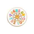 Enamel flower pin with smiley face and colorful 'Focus on the Good' text on white base - Sunflower Smiley (UVXZ068)