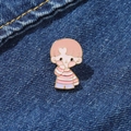 Cute cartoon boy enamel pin with orange hair on blue denim jacket fabric background - Striped Shirt Cartoon Boy (SXZ233)