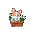 Lindo broche de esmalte con un perro Corgi en una maceta con flores blancas - Estilo Corgi en Maceta (QHXZ689)
