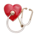 Broche stéthoscope créative avec cœur rouge émaillé et finition métal doré - Stéthoscope Entourant Cœur (XZ9136)
