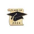 Class of 2024 graduation badge featuring black enamel mortarboard and gold metal scroll - Class of 2024 Scroll Style (QHXZ1779)
