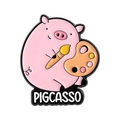 Spilla smaltata Pigcasso con maiale rosa, pennello e tavolozza su sfondo bianco neutro - Figura PIGCASSO (QHXZ5293)