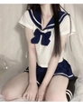 Détail d'uniforme de marin japonais avec jupe plissée bleue et chaussettes rayées - Haut et Bas Uniquement (Sans Chaussettes) / Taille unique / Bleu