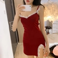 Slim fit burgundy lace slip nightgown with white ribbon bow and side slit detail - One Size / Burgundy
