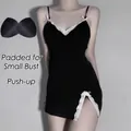Black slim-fit lace-trimmed slip nightdress with removable push-up pads for women - One Size / Black