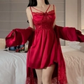 Dark red lace and satin sleepwear set featuring a slip dress and long sleeve robe - Robe and Slip Dress Set / Red