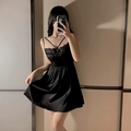 Black satin nightdress with lace trim and cross-strap detail on the neckline - Slip Dress / Black