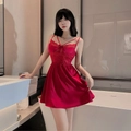 Elegant red lace and satin silk sleepwear set with floral embroidery and bow detail - Slip Dress / Red