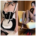 Sexy zwart-wit meid lingerie setje met kant schort en transparante zwarte kousen - Zwarte Meisjesoutfit Met Open Kousen